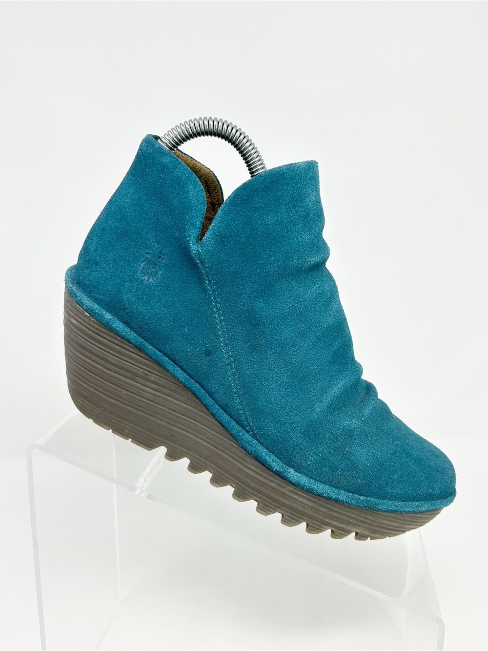 FLY London Yip Wedge Ankle Bootie Womens Teal Petrol Blue Side Zip Size 37